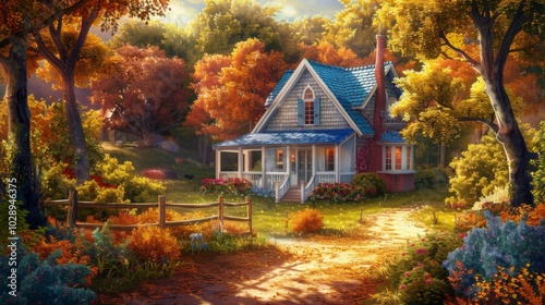 Wallpaper Mural A cozy cottage with a red roof sits beside a vibrant autumn tree under a bright blue sky with fluffy clouds Torontodigital.ca