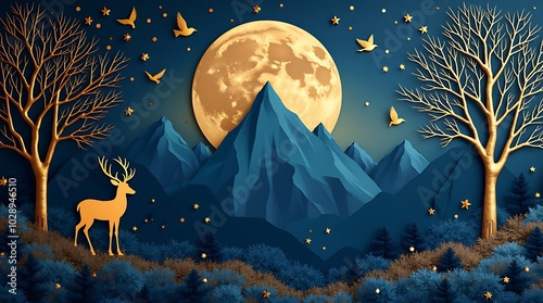 Contemporary Dark Blue Mural Wallpaper Featuring a Luxe Christmas Tree, Majestic Deer, Birds in Flight, and Golden Mountain Waves.