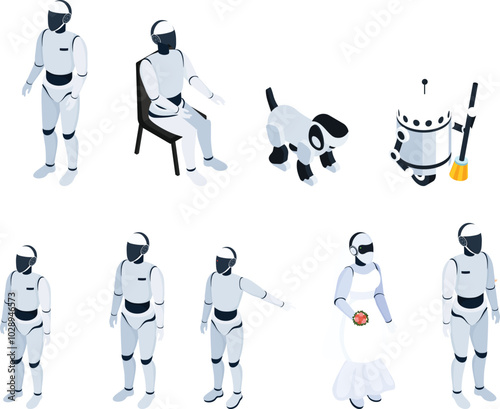 Robots set of isometric icons including androids automatic