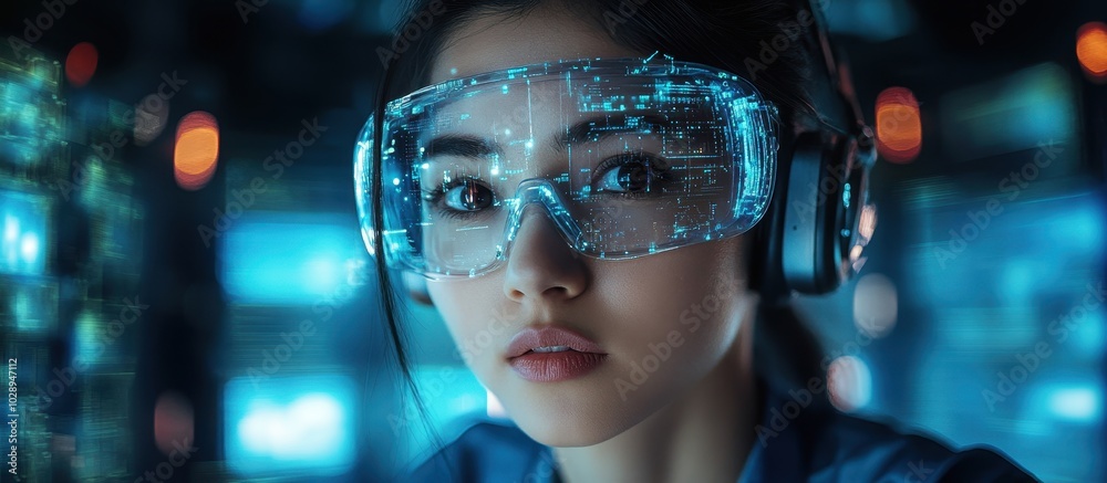 Futuristic Woman with Augmented Reality Glasses in a High-Tech Environment Exploring Digital Interfaces and Virtual Worlds Futuristic Woman with Augmented Reality Glasses in a High-Tech Environment Exploring Digital Interfaces and Virtual Worlds
