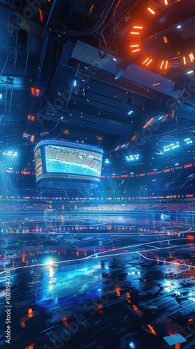 High-tech stadium with holographic displays and zero-gravity sports, 4K hyperrealistic photo photo