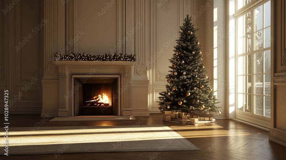 Christmas tree standing beside a fireplace in an empty room with white rug in front. High-quality photography and photorealistic rendering capture the serene holiday setting. Christmas tree standing beside a fireplace in an empty room with white rug in front. High-quality photography and photorealistic rendering capture the serene holiday setting.