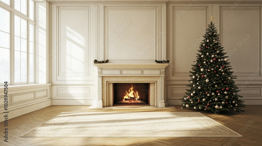 Christmas tree standing beside a fireplace in an empty room with white rug in front. High-quality photography and photorealistic rendering capture the serene holiday setting. Christmas tree standing beside a fireplace in an empty room with white rug in front. High-quality photography and photorealistic rendering capture the serene holiday setting.
