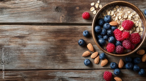 A rustic setting with overnight oats, fresh berries, and almonds on a wooden table, with ample space for a health-focused copy.