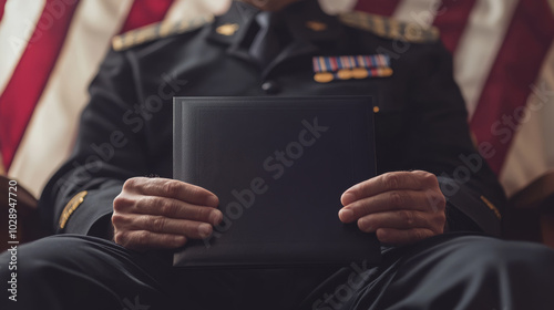 A solemn figure in military uniform holds a black document, seated before an American flag backdrop, conveying a sense of honor and respect. photo