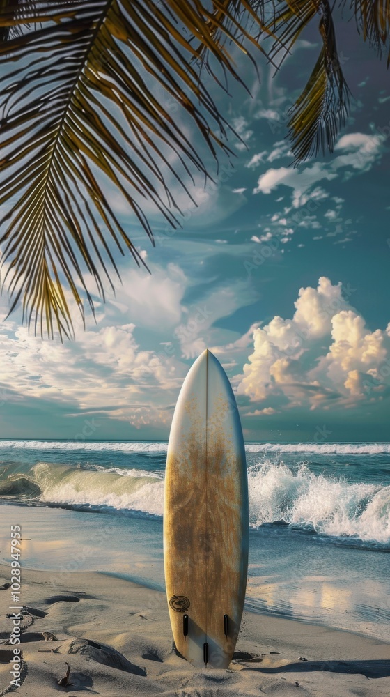 Fototapeta premium Surfboard on the beach, 4K hyperrealistic photo