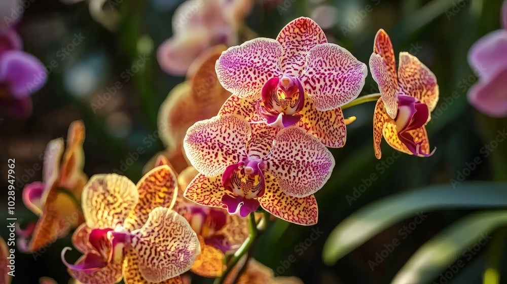A close-up view of a vibrant orchid flower with pink and orange petals. A close-up view of a vibrant orchid flower with pink and orange petals.