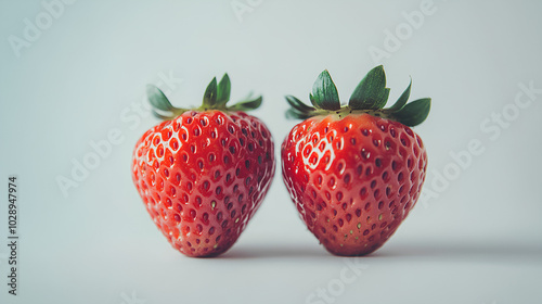 Two ripe strawberries with green leaves on a white background.