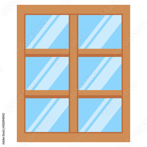 Wooden Window With Six Panes Of Glass. Six Pane Window, Vector Illustration.