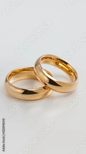 Pair of gold wedding rings, white background, 4K hyperrealistic photo