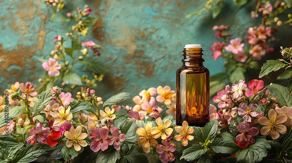A glass bottle of essential oil surrounded by pink, yellow, and white flowers. A glass bottle of essential oil surrounded by pink, yellow, and white flowers.