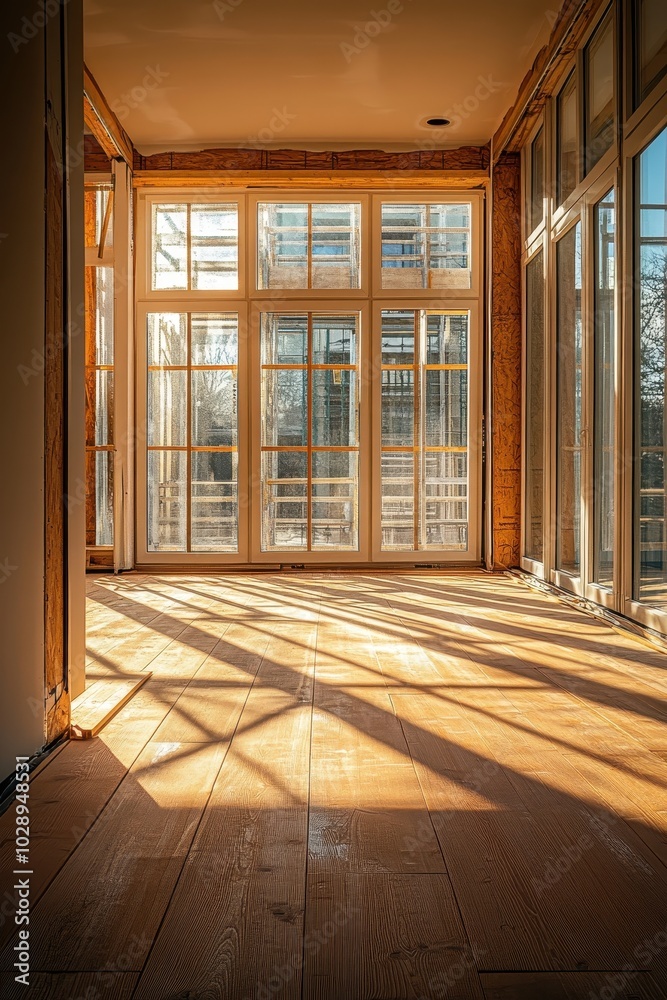 Obraz premium Sunlit Modern Interior with Large Windows and Wooden Flooring in a Cozy Room