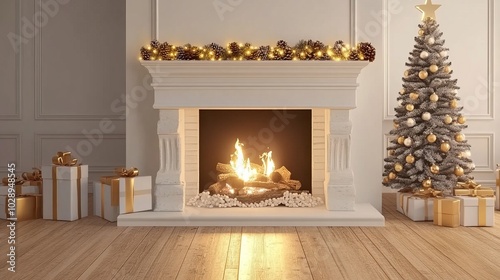 Christmas room with a decorated tree beside a glowing fireplace