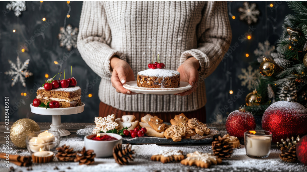 cozy holiday baking scene featuring person holding festive cake adorned with cherries, surrounded by cookies, candles, and Christmas decorations, evoking warmth and joy cozy holiday baking scene featuring person holding festive cake adorned with cherries, surrounded by cookies, candles, and Christmas decorations, evoking warmth and joy