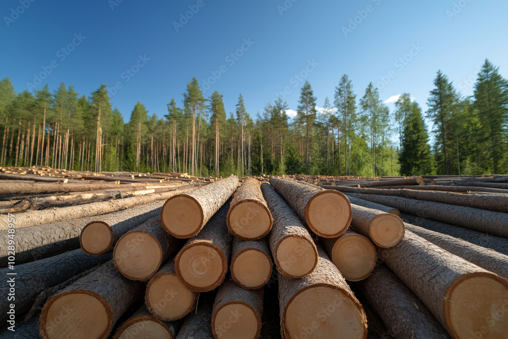 Stack of cut pine logs in a forest clearing, with tall trees and a bright blue sky in the background on a sunny day Stack of cut pine logs in a forest clearing, with tall trees and a bright blue sky in the background on a sunny day