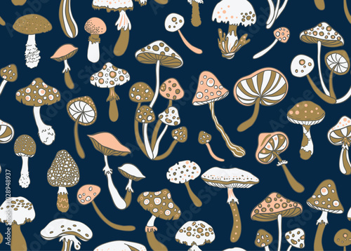 Magic mushrooms. Psychedelic hallucination. Vibrant vector illustration. 60s hippie colorful background, hippie and boho texture. Ttrippy wallpaper.