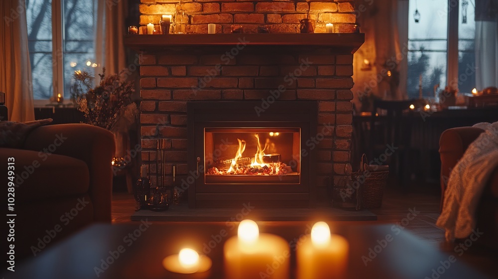 Close-up view of a brick fireplace with a full-screen focus, surrounded by a cozy house interior. Warm reflections from candles flicker on the walls, adding a comforting glow. Close-up view of a brick fireplace with a full-screen focus, surrounded by a cozy house interior. Warm reflections from candles flicker on the walls, adding a comforting glow.