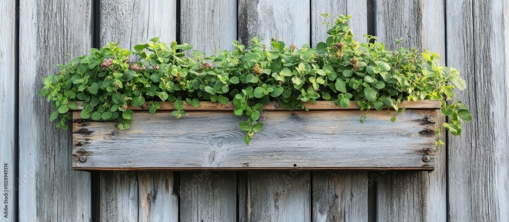 A wooden planter box filled with green plants and flowers is mounted on a weathered wooden wall. A wooden planter box filled with green plants and flowers is mounted on a weathered wooden wall.