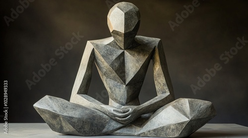 Abstract sculpture of a faceless figure sitting on geometric shapes