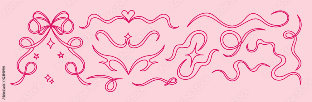 Obraz premium Vector abstract hand-drawn illustration in simple linear minimal style, decorative frames for prints, invitations, cards with bows and ribbons 