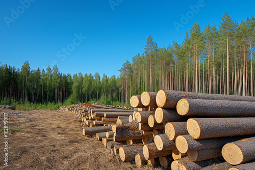 Stack of cut pine logs in a forest clearing, with tall trees and a bright blue sky in the background on a sunny day photo