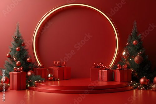 3D Render Christmas podium with Christmas Trees, and Gift Boxes background