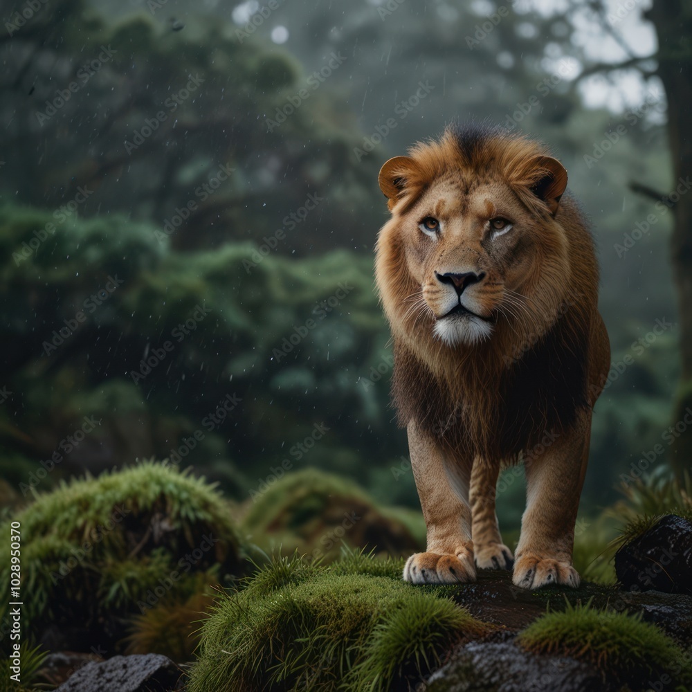 A majestic lion stands on a mossy rock, its mane flowing in the wind, as a light rain falls in the forest. A majestic lion stands on a mossy rock, its mane flowing in the wind, as a light rain falls in the forest.