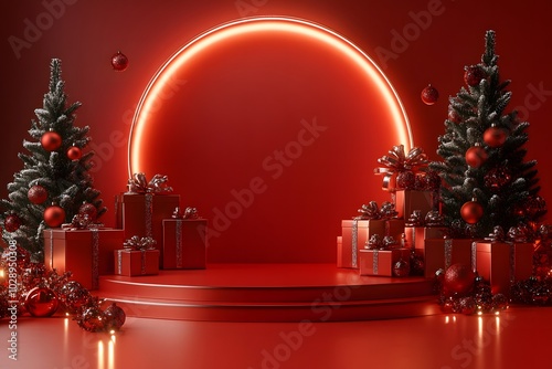 3D Render Christmas podium with Christmas Trees, and Gift Boxes background