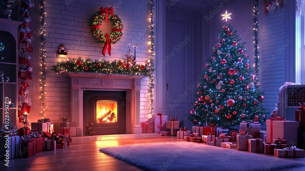 Christmas room with a decorated tree beside a glowing fireplace, creating a festive and cozy atmosphere. Christmas room with a decorated tree beside a glowing fireplace, creating a festive and cozy atmosphere.