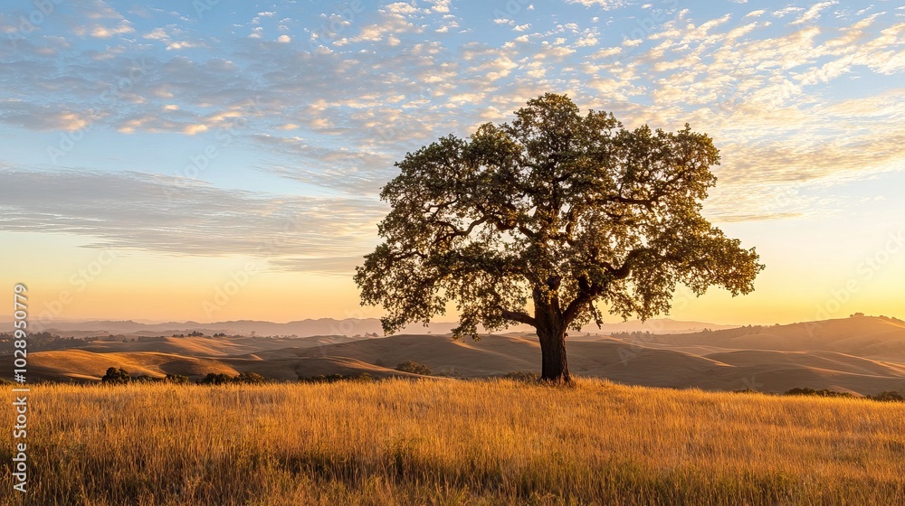 Solitary Oak Tree on a Hilltop at Sunset Solitary Oak Tree on a Hilltop at Sunset