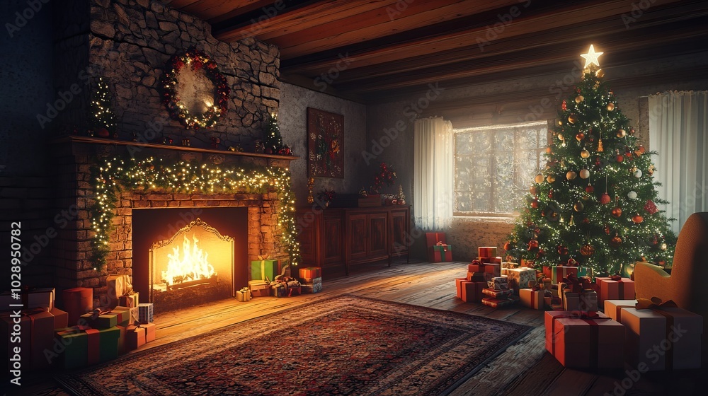 Christmas room with a decorated tree beside a glowing fireplace, creating a festive and cozy atmosphere. Christmas room with a decorated tree beside a glowing fireplace, creating a festive and cozy atmosphere.