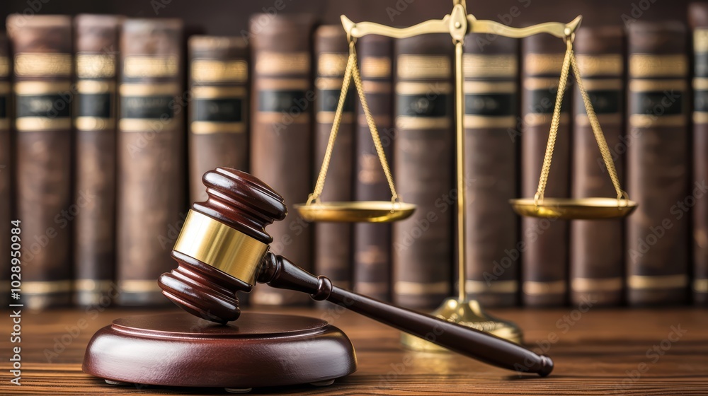 Wooden judge gavel, law books, and justice scale Wooden judge gavel, law books, and justice scale