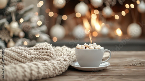 Warm hot chocolate with marshmallows sits beside cozy knitted blanket, creating perfect winter scene by fireplace, adorned with festive decorations