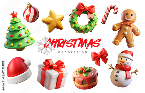 A 3D set of Christmas icons with objects such as Santa Claus, reindeer, snowmen, Christmas trees, and candy canes. Isolated on a transparent background, ideal for New Year and holiday decorations.