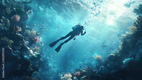 Silhouette of a Diver in a Sunlit Ocean