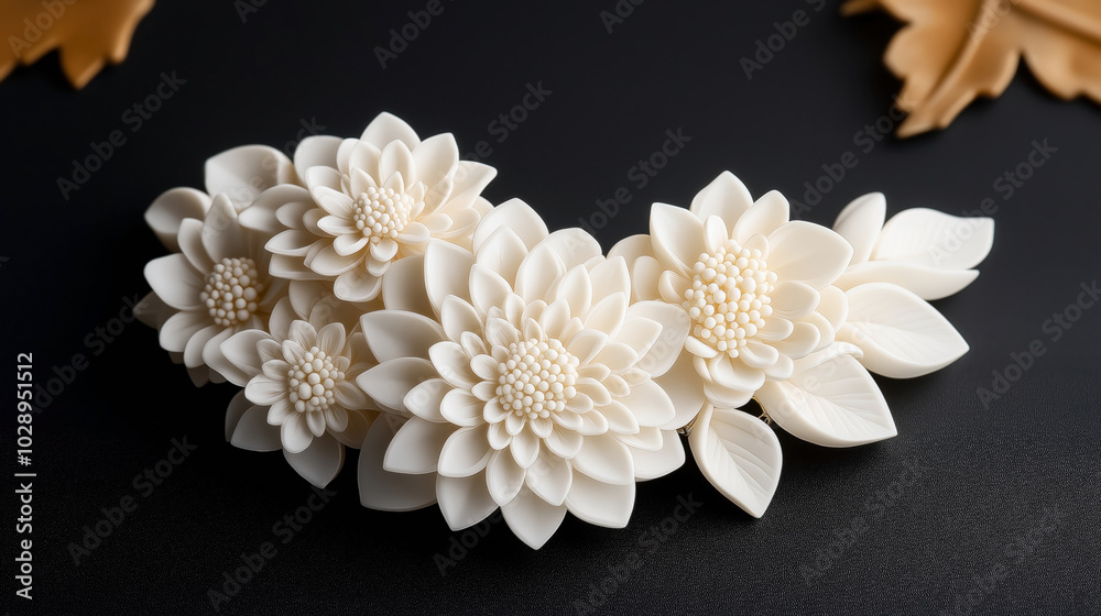 Detailed close-up of intricately crafted white floral decorations on a dark background, featuring multiple petals and leaves with a realistic texture.