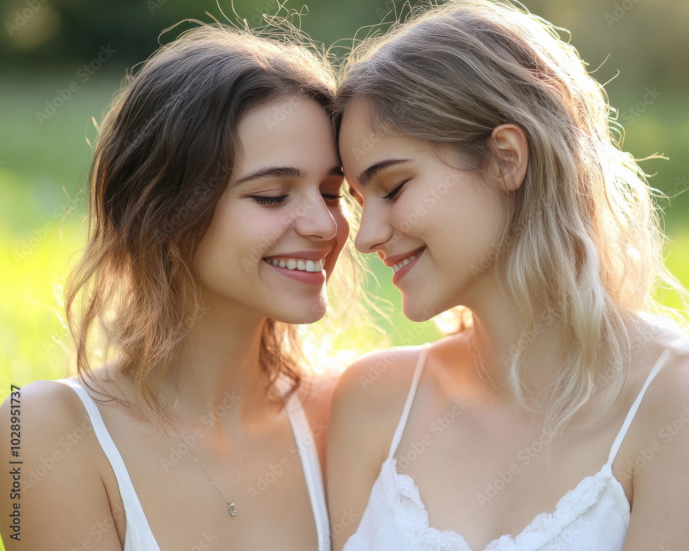 Joyful friends sharing moment of happiness in sunlit outdoor setting, showcasing their close bond and radiant smiles Joyful friends sharing moment of happiness in sunlit outdoor setting, showcasing their close bond and radiant smiles