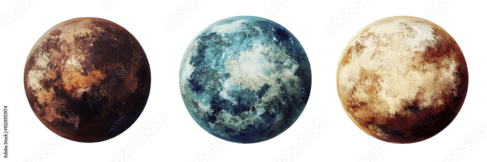 Three Planets Red Blue and Yellow Space Exploration Concept Three Planets Red Blue and Yellow Space Exploration Concept