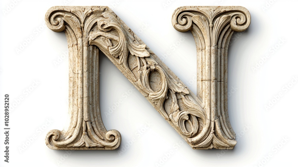 letter N, crafted in an antique style, showcases a beautiful column texture, elegantly isolated against a bright white background, emphasizing its artistic detail. letter N, crafted in an antique style, showcases a beautiful column texture, elegantly isolated against a bright white background, emphasizing its artistic detail.