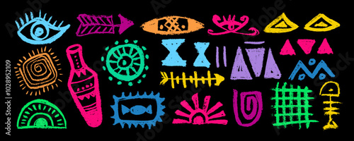 Set of Mexican, Aztec colorful  sign and symbols. Abstract aztec totem idols, ancient inca maya civilization primitive traditional signs. Vector ornament of native americans, aztecs, maya, incas.