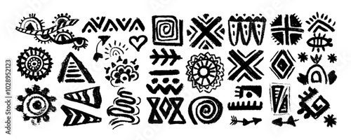 Mexican, American traditional symbols and sign. Set of Abstract aztec animal and  bird totem idols, ancient inca maya civilization primitive traditional signs. 