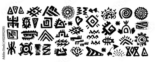 Mexican, American traditional symbols and sign. Set of Abstract aztec animal and  bird totem idols, ancient inca maya civilization primitive traditional signs. Vector ornament of native americans, 