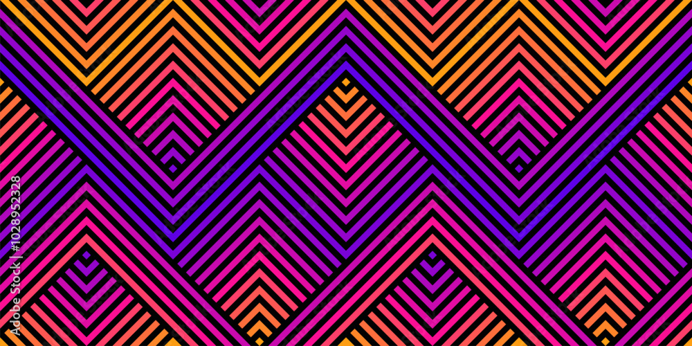 Vector geometric seamless pattern with zig zag lines, stripes, chevron. Abstract sport style urban graphic texture. Trending background design in 1980s - 1990s style. Modern fashionable neon gradient