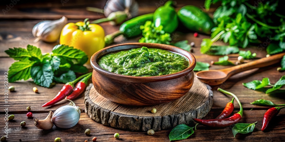 Green Herbs Chutney in a Rustic Bowl - Fresh Ingredients and Authentic Flavors for Culinary Photography