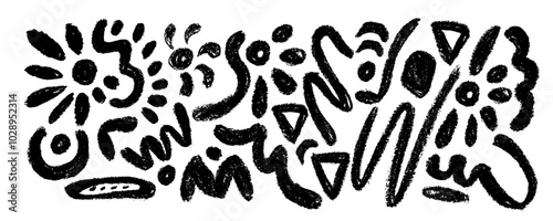 Hand drawn charcoal scribbles, squiggles,  bold dots, curly lines and swirl. Brush stroke lines, squiggles, daubs isolated on white background. Black crayon sketches, charcoal doodle drawings.