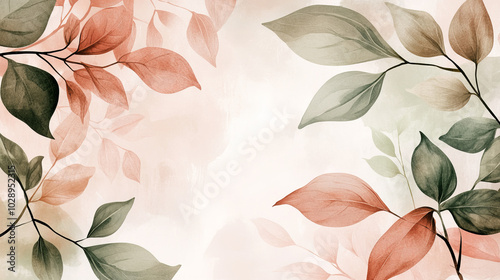 A botanical hand-drawn background featuring elegant leaf line art in watercolor, showcasing a harmonious blend of green and pink leaves and branches. 