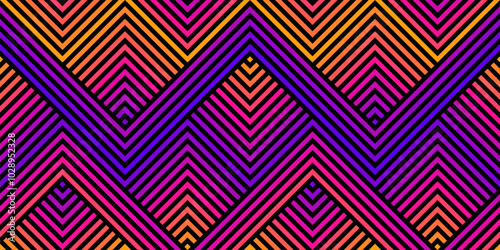 Vector geometric seamless pattern with zig zag lines, stripes, chevron. Abstract sport style urban graphic texture. Trending background design in 1980s - 1990s style. Modern fashionable neon gradient