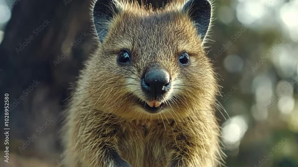 A close-up of a smiling quokka in a natural setting. A close-up of a smiling quokka in a natural setting.