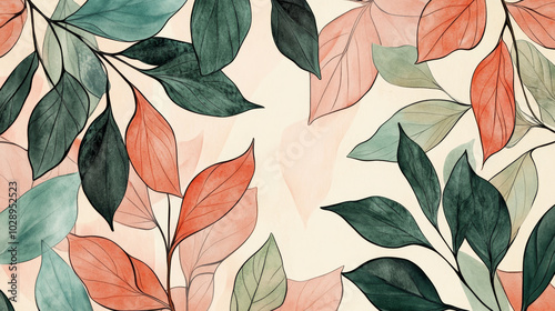 A botanical hand-drawn background featuring elegant leaf line art in watercolor, showcasing a harmonious blend of green and pink leaves and branches. 