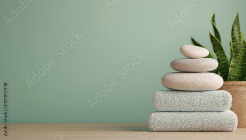 Zen decor with stacked stones, towels, and a potted plant against a calming background. photo